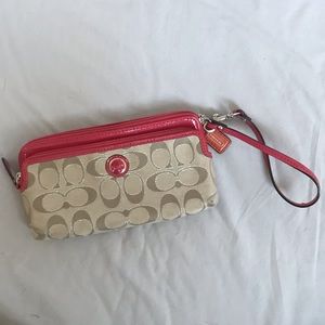 Coach Coral and Tan Zipper Logo Wristlet Wallet